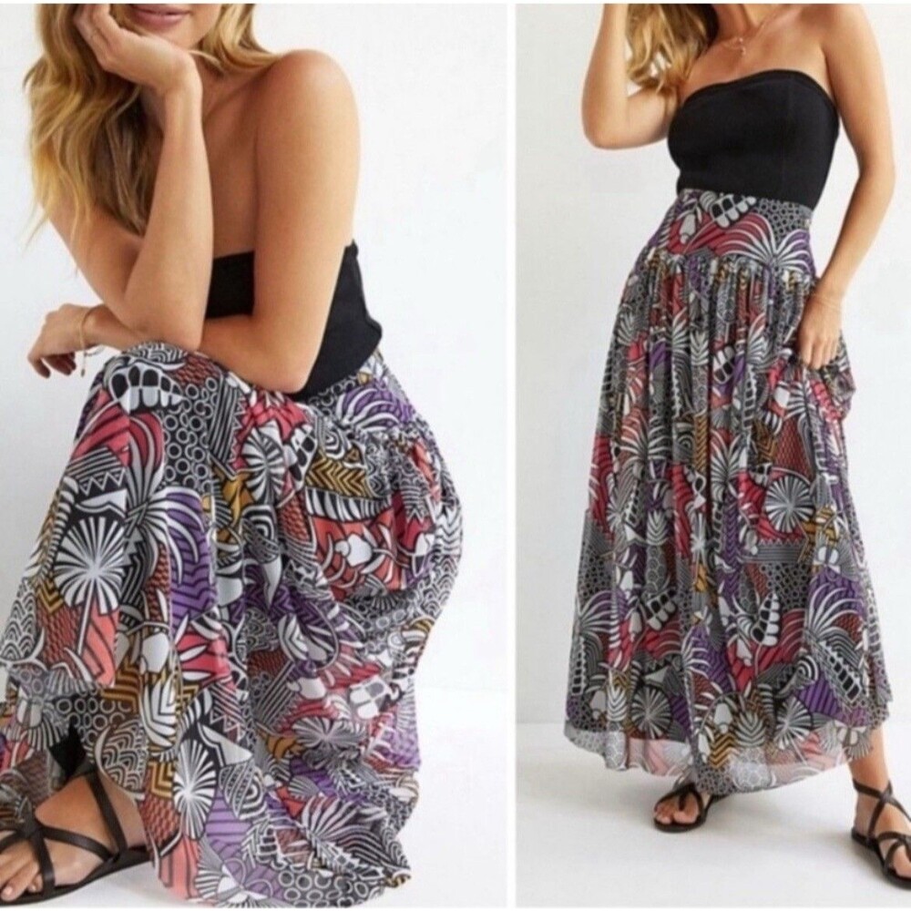 Farm Rio Anthropologie Women's Tropical Maxi Skirt Mesh Lines Sz L Boho Fairie